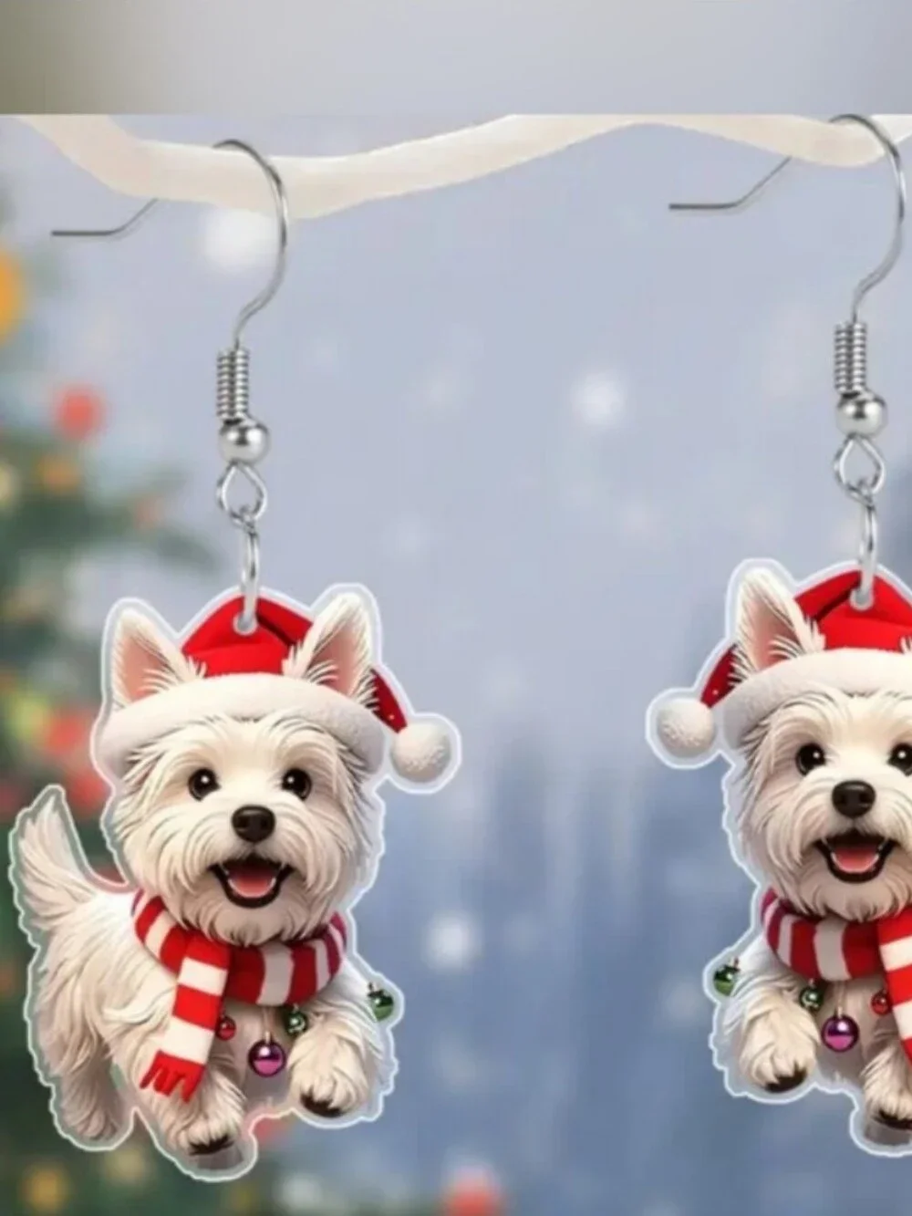 Festive White Dog Earrings with Red Santa Hat and Scarf